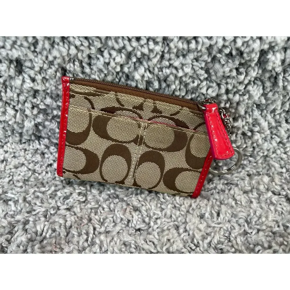 Coach Brown Tan Pink CC ID Holder Key Chain Keychain Jacquard Fabric